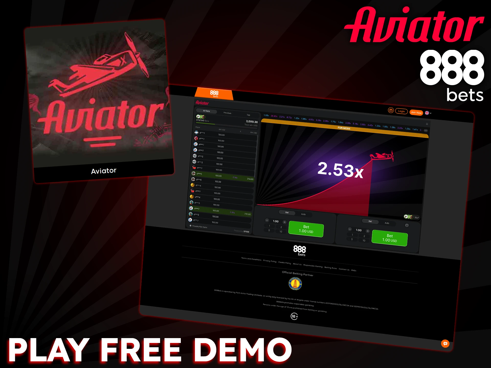 Practice risk-free with 888Bet's Aviator demo using virtual credits.