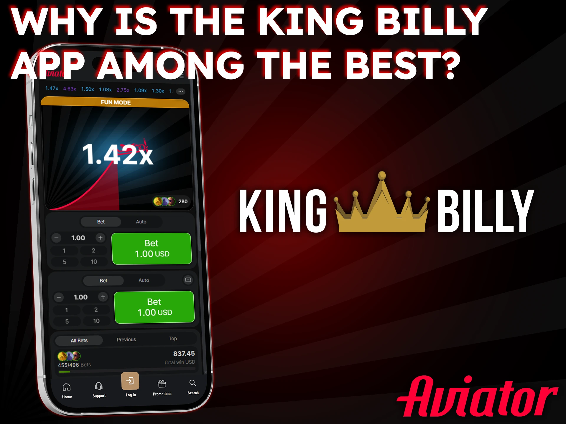 King Billy app offers the same Aviator gaming experience as the website.