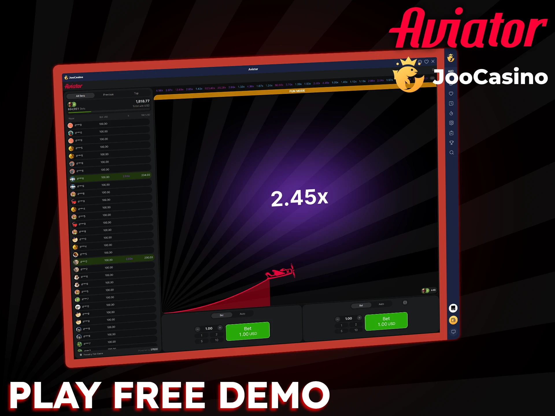 Unfortunately, Aviator isn't available in demo mode, but you can learn the rules.