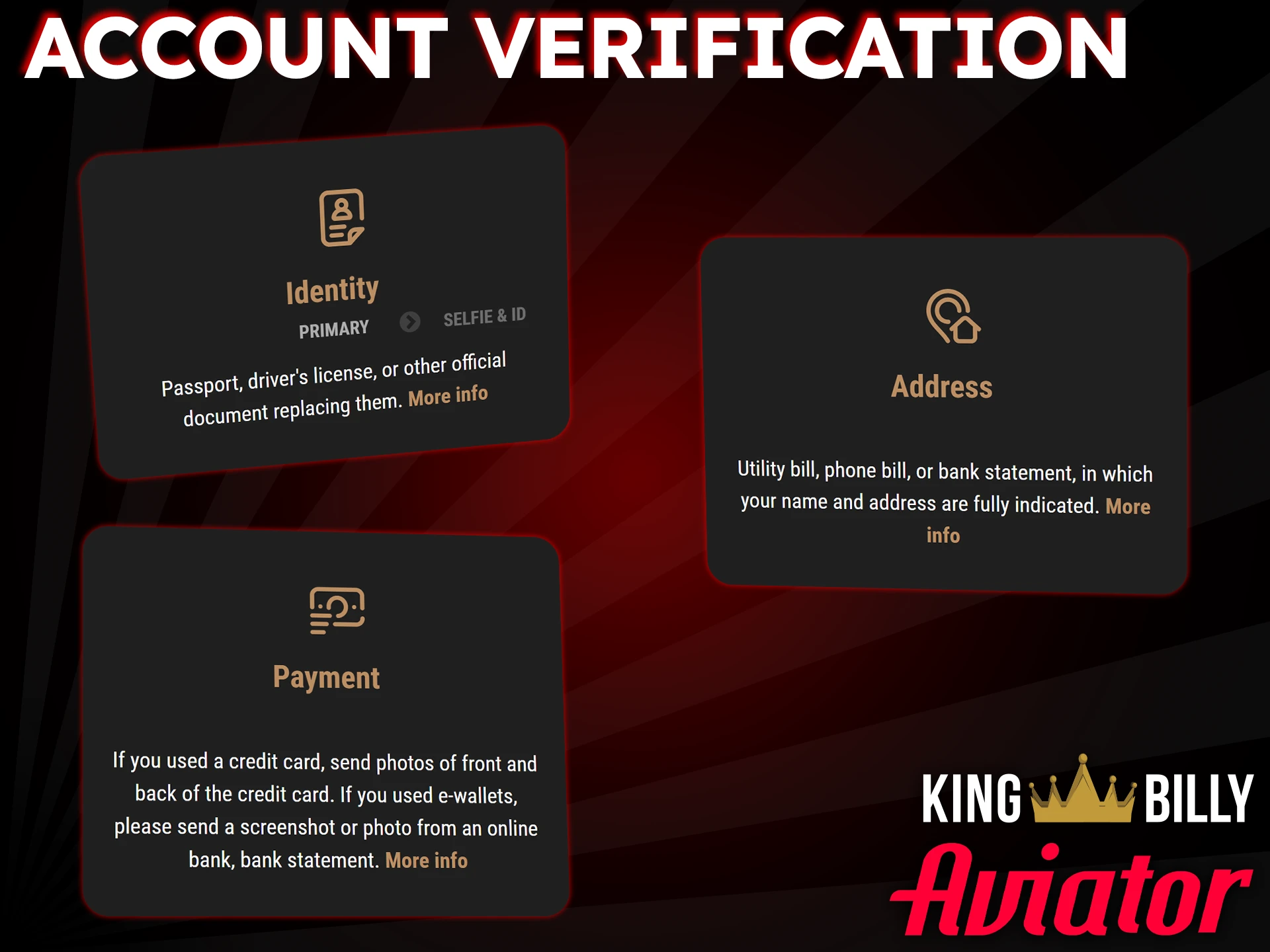 Complete King Billy verification to withdraw your Aviator winnings.