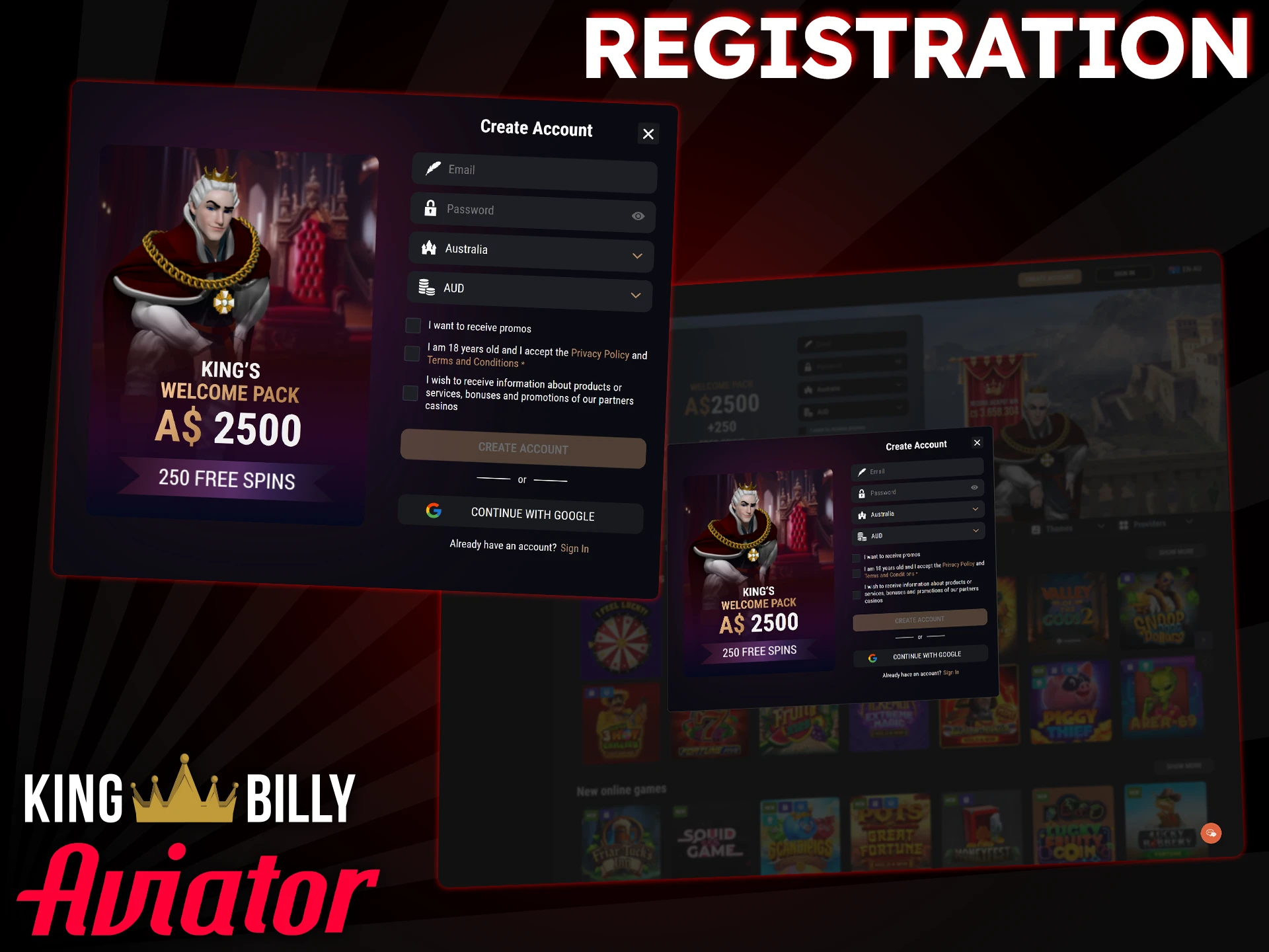 To play Aviator and access all King Billy features, you must register an account.