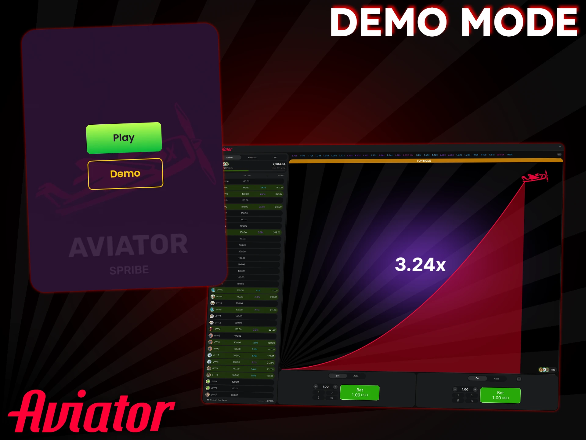Play the free demo version of Aviator to learn the game without risking any money.