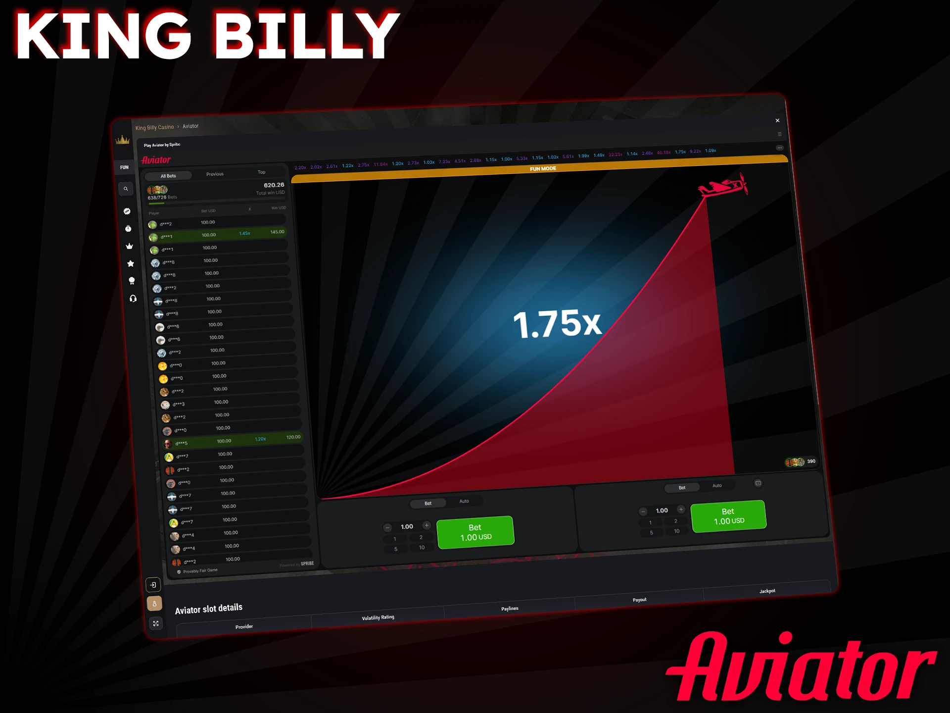 King Billy offers a rich Aviator gaming experience with great bonuses.