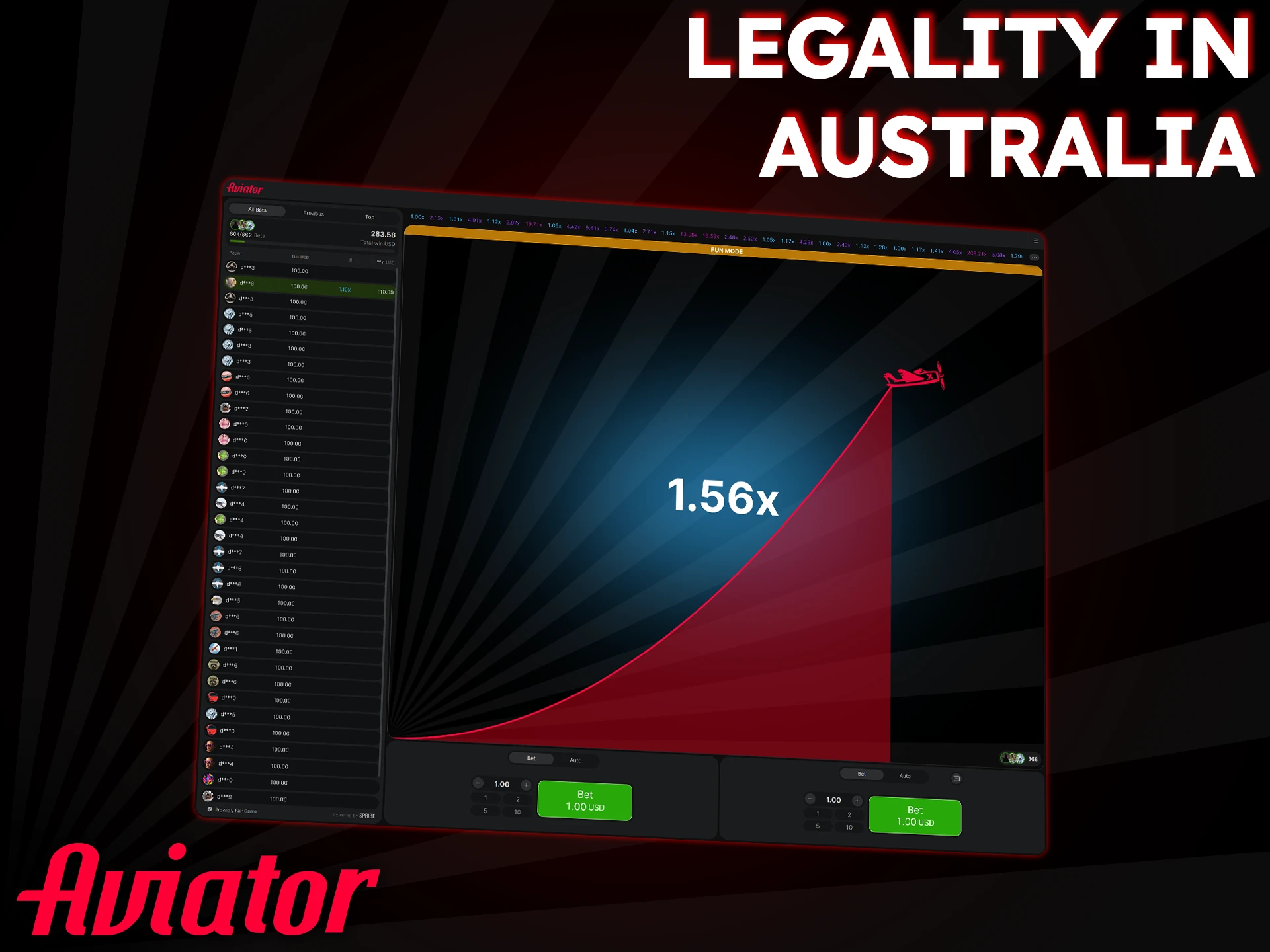 It is legal to play Aviator in Australia at reliable, licensed online casinos.