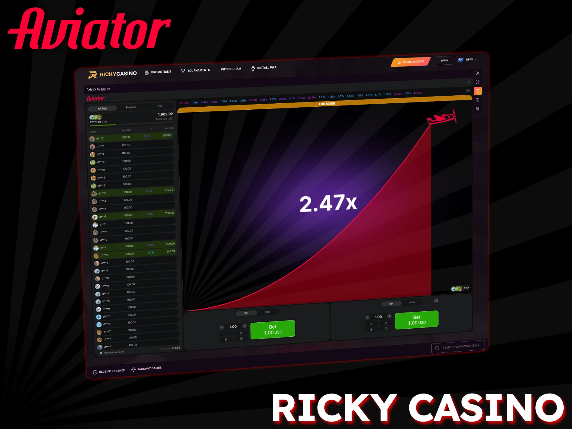 Ricky Casino offers Aviator players a secure and user-friendly experience.