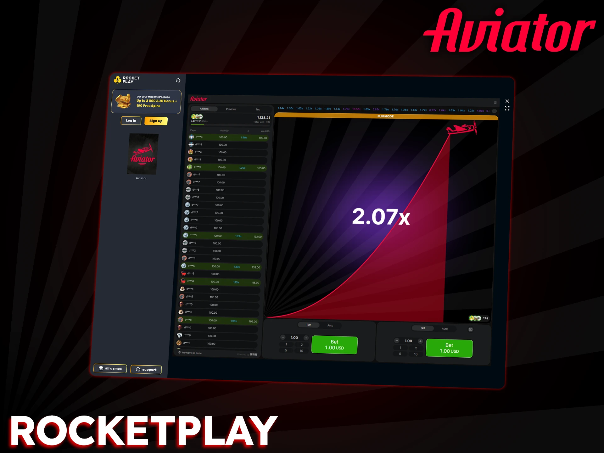 RocketPlay is a licensed casino where you can play Aviator.