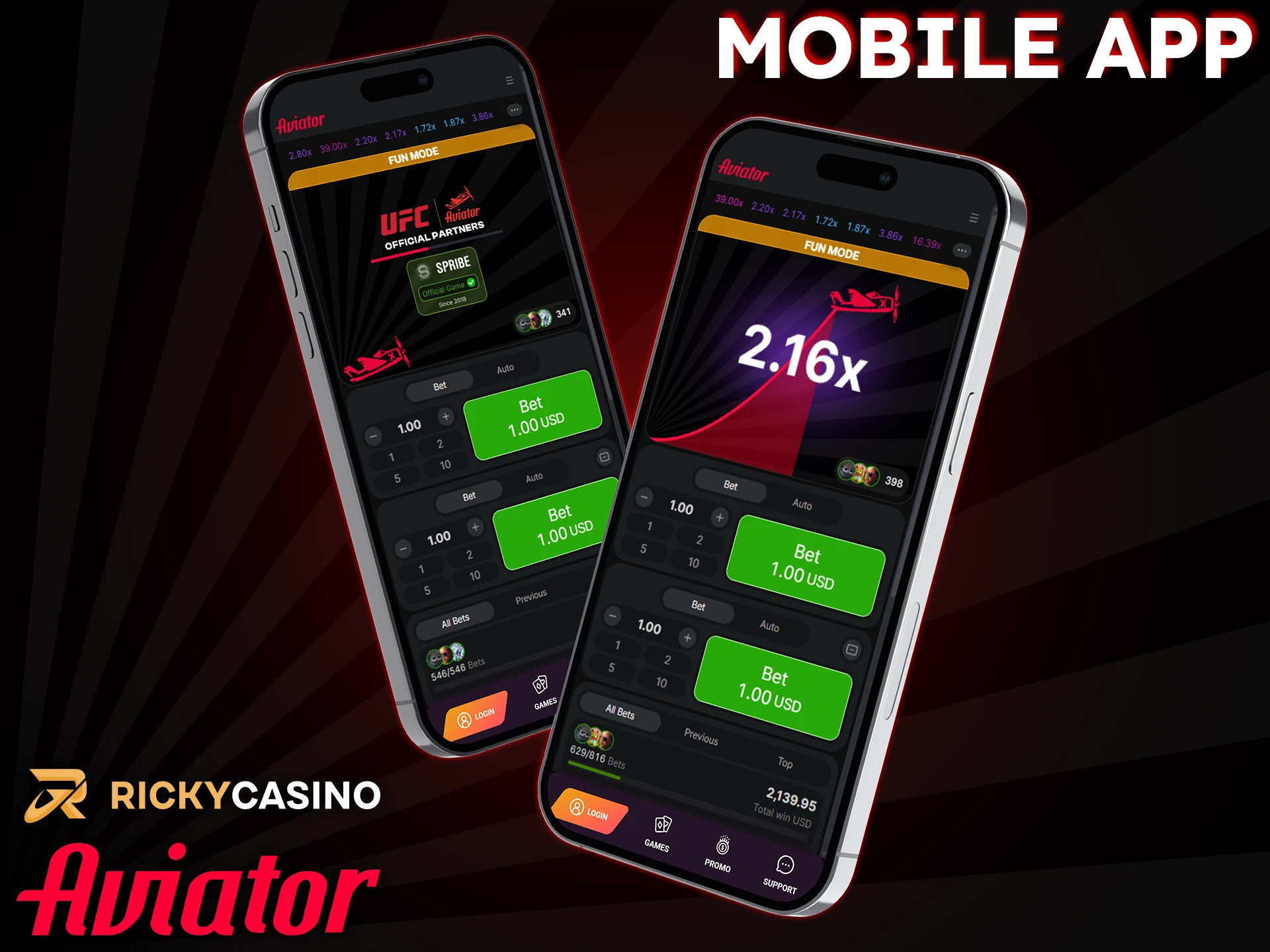 Ricky Casino has no app, but its mobile website offers quick access to Aviator.
