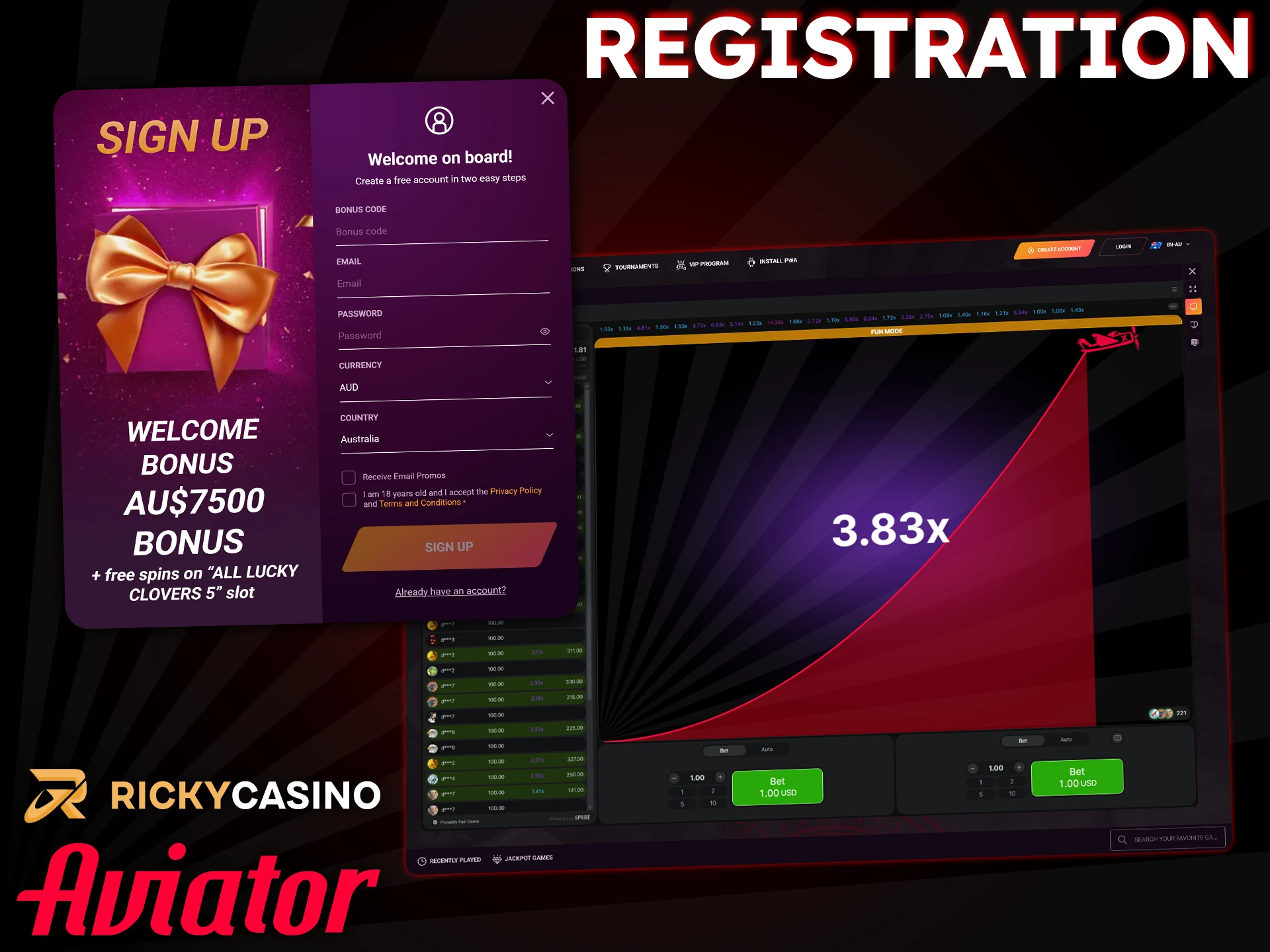 Register at Ricky Casino to immediately start playing Aviator.