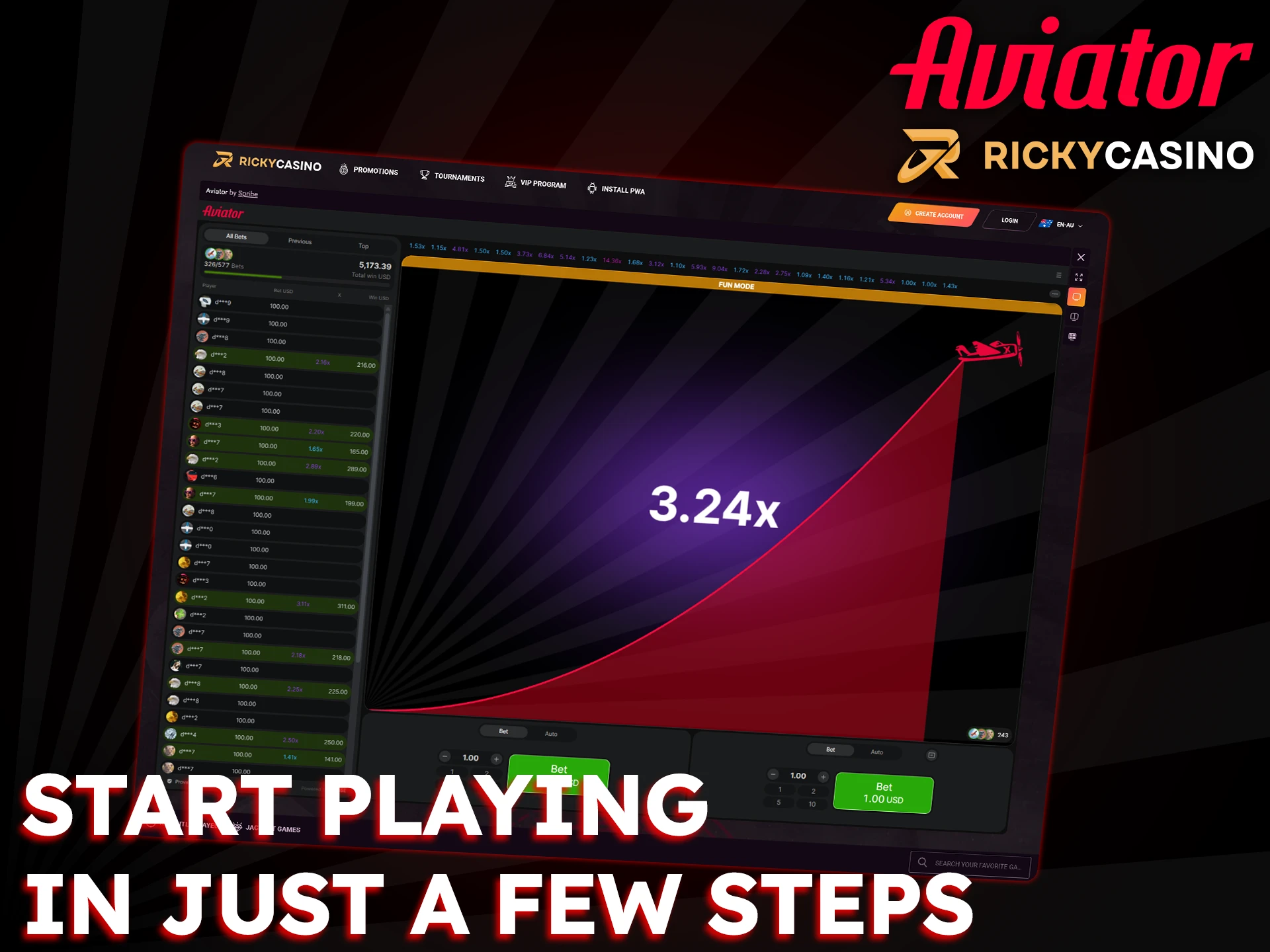 Follow these simple steps to start playing Aviator at Ricky Casino.