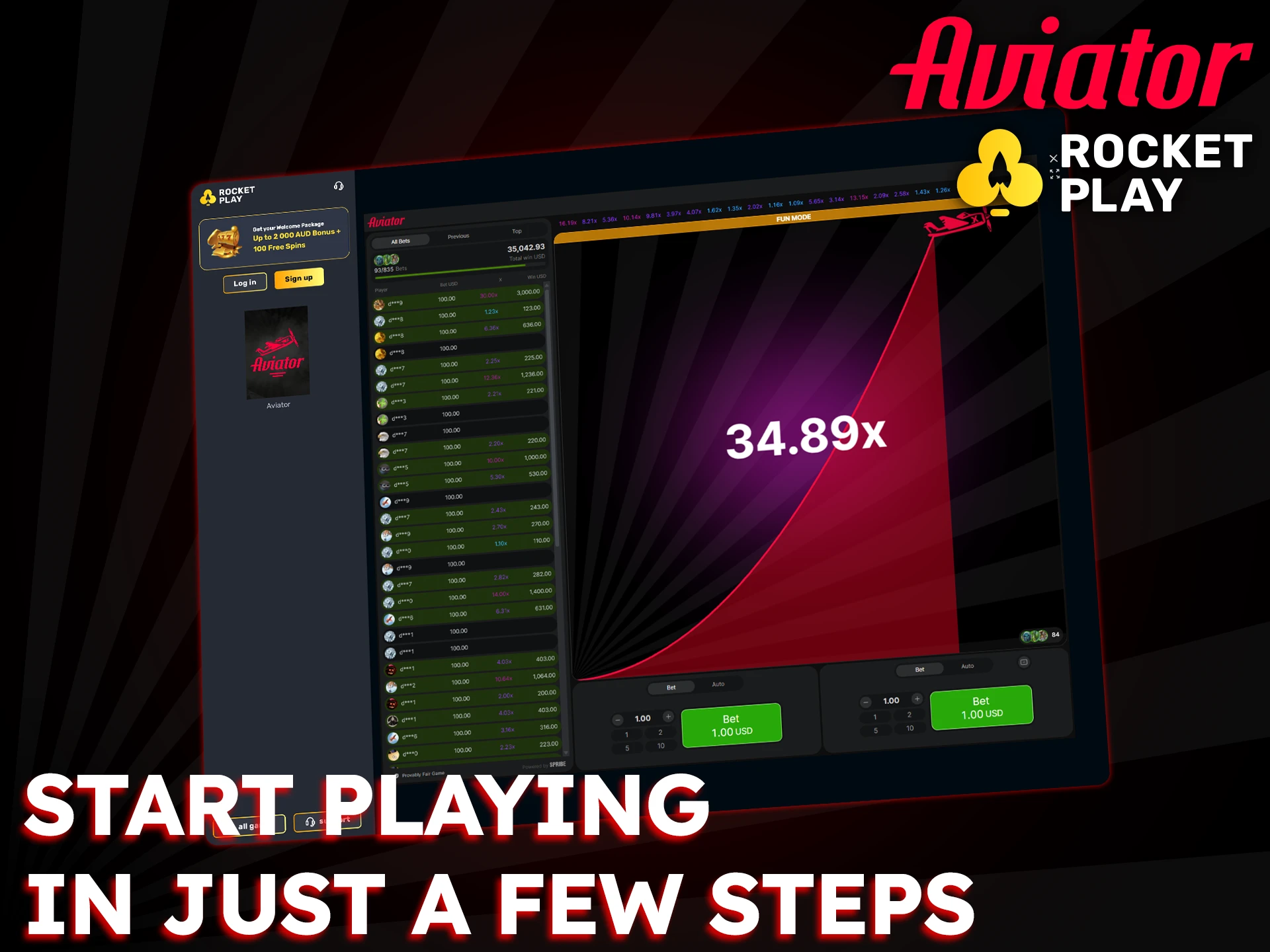 Follow a few steps to start playing Aviator on RocketPlay.
