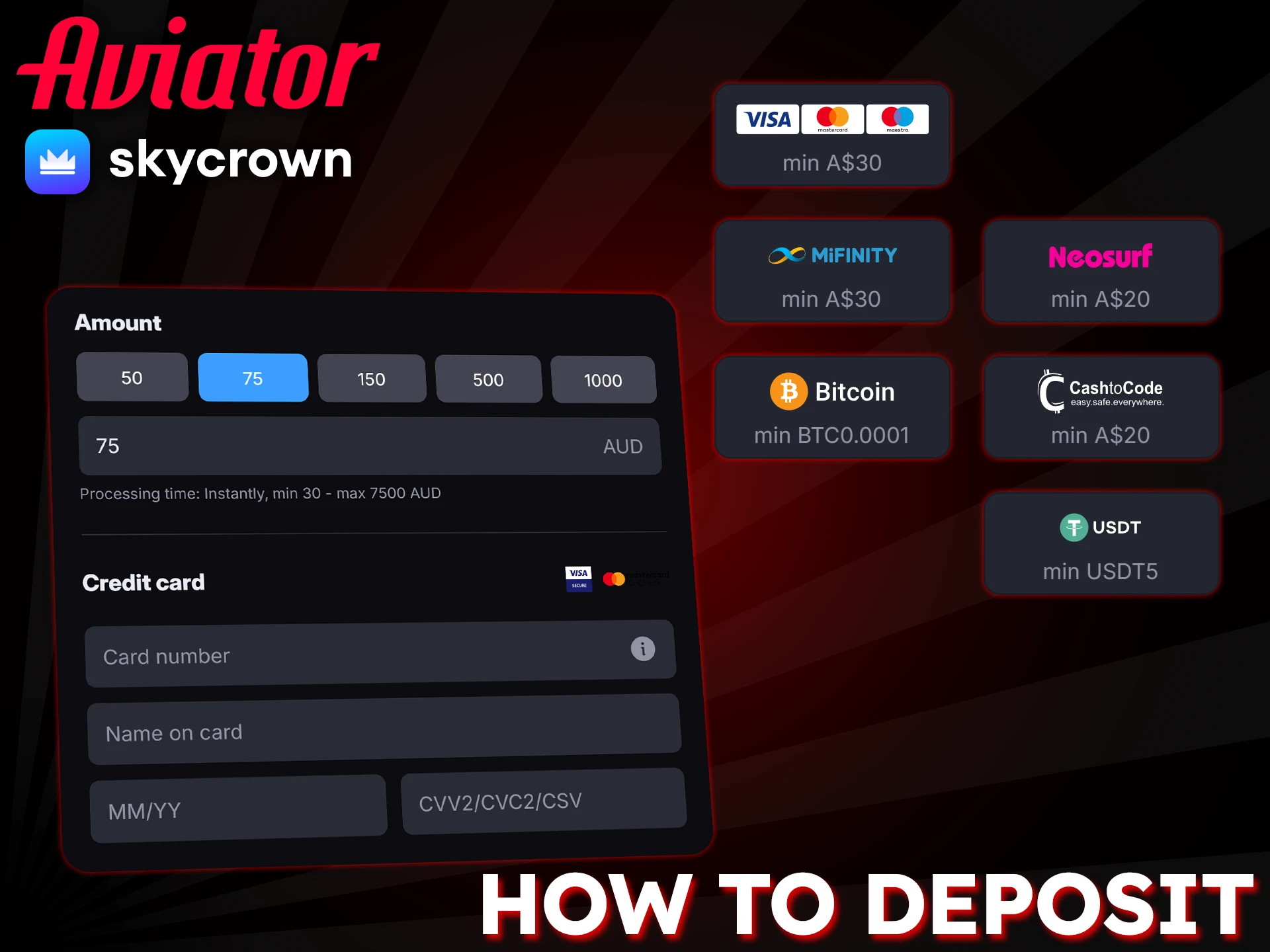 Quickly deposit funds at SkyCrown for instant access to the Aviator game.