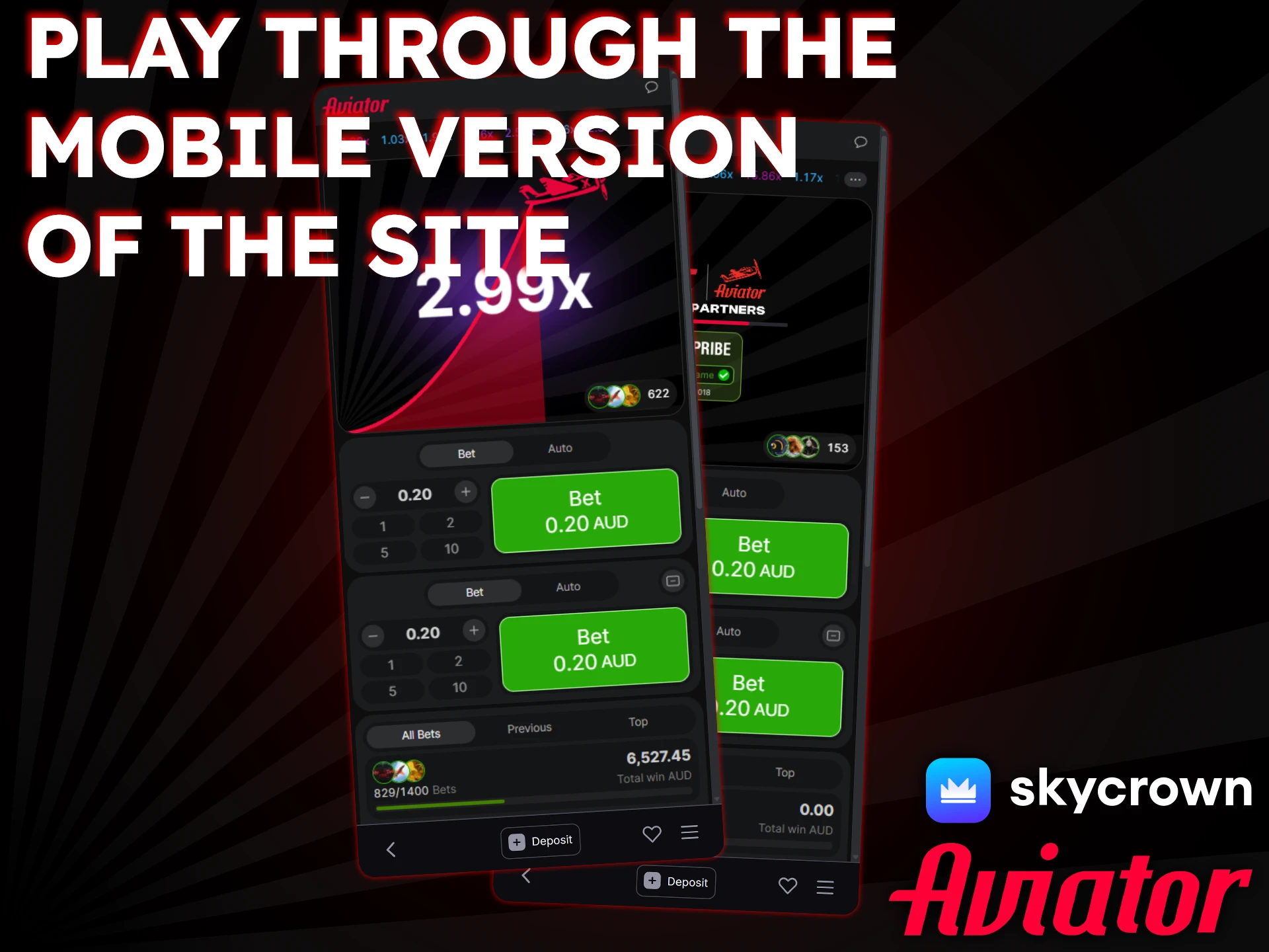 Use the SkyCrown mobile website to play Aviator.