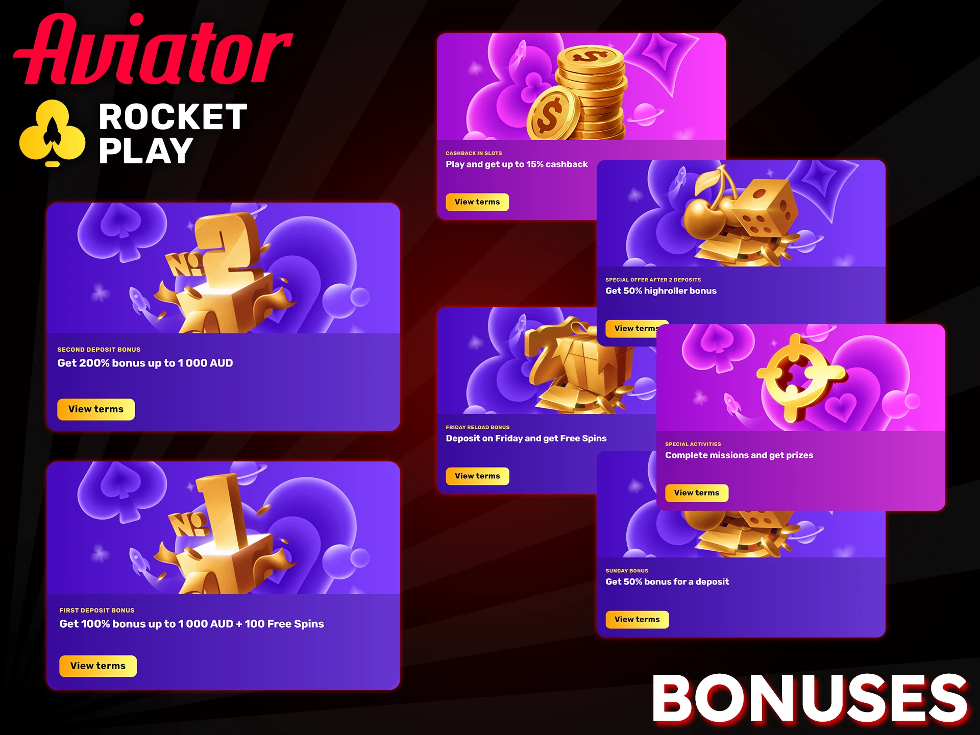 Explore RocketPlay's generous bonuses to boost your Aviator winnings.